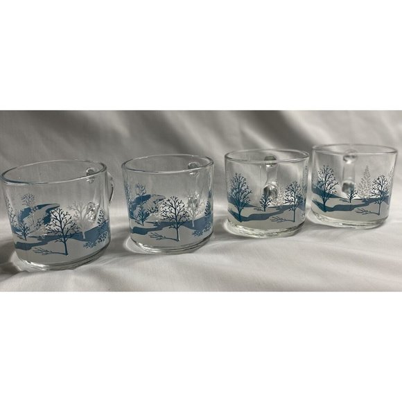 Anchor Hocking Clear Glass Coffee Tea Cups Mugs Winter Blue Scene Trees - Picture 4 of 6